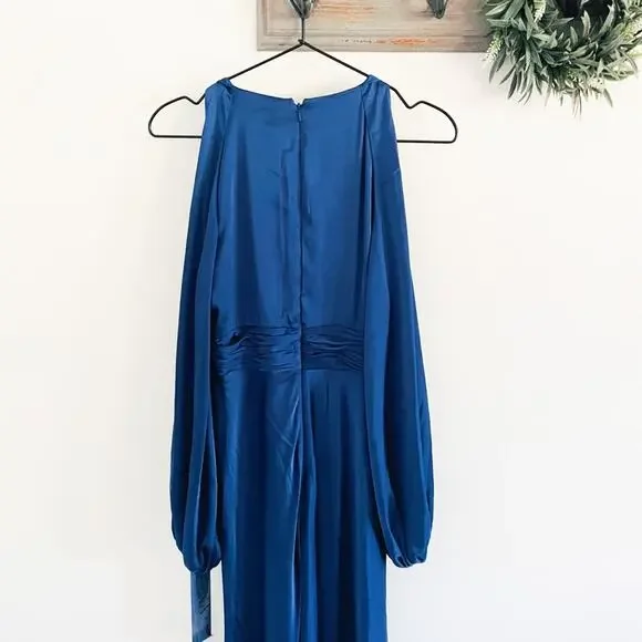 NWT Mac Duggal Blue Plunge Neck Long Sleeve Satin Sheath Gown 2 - Picture 8 of 8